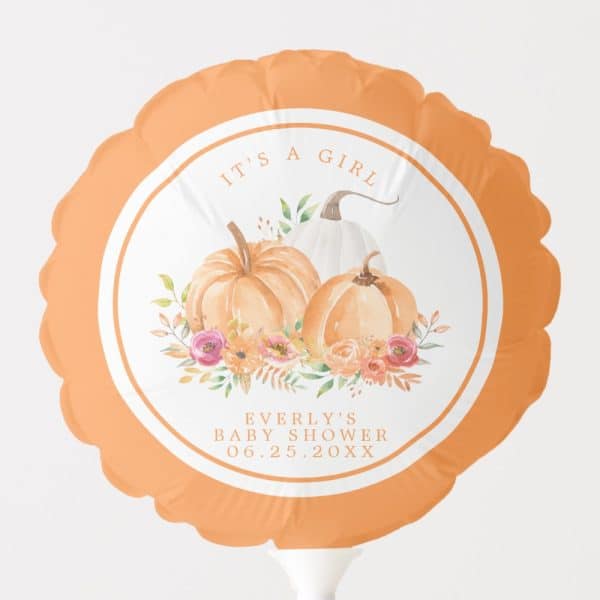 Peach-Colored Balloon With A White Circle Showing Watercolor Pumpkins And Flowers; Text Reads It'S A Girl, Everly'S Baby Shower, And Date.