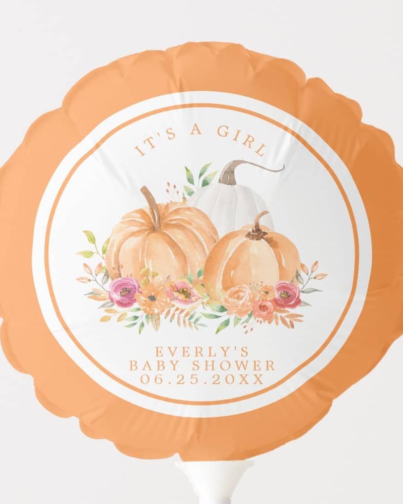 Peach-colored balloon with a white circle showing watercolor pumpkins and flowers; text reads It's a Girl, Everly's Baby Shower, and date.
