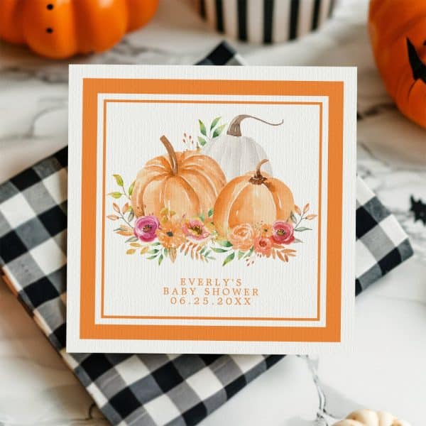 Baby Shower Invitation Featuring Watercolor Pumpkins And Flowers.