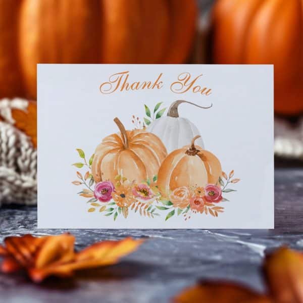 Thank You Card Featuring Watercolor Pumpkins And Flowers.