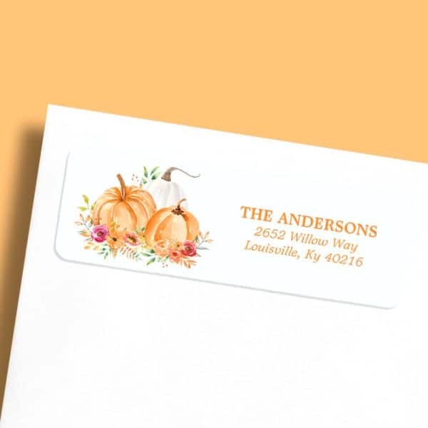 Autumnal Return Address Label With Three Pumpkins And Flowers.