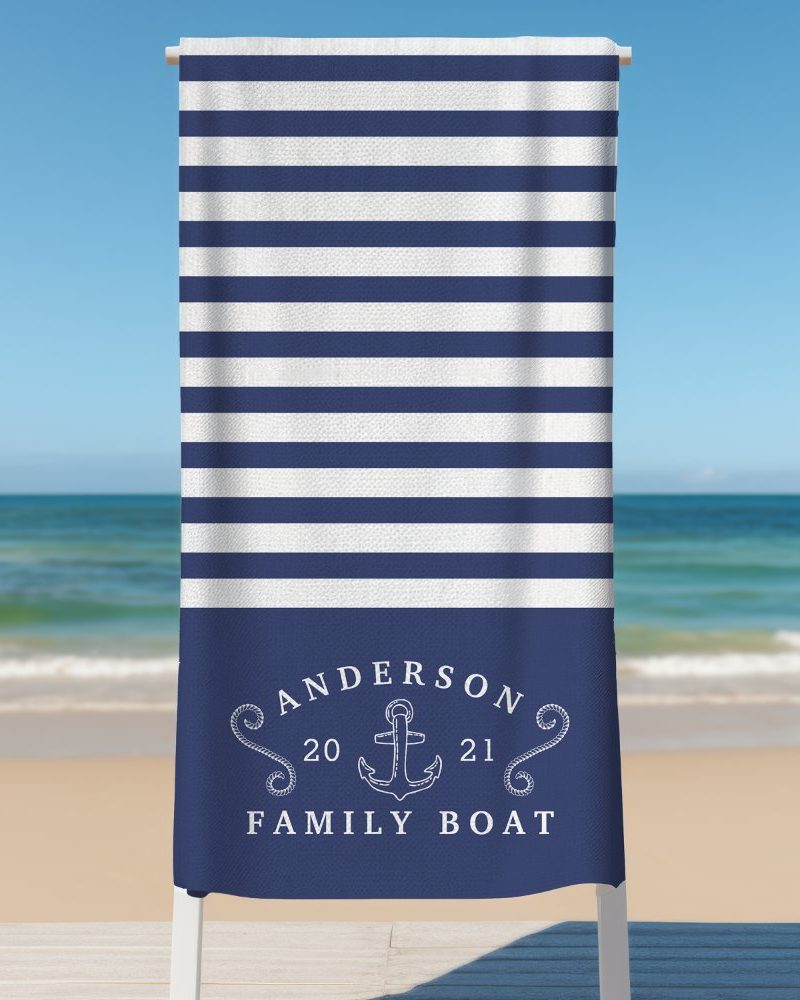 Family Boat Nautical Anchor Personalized Navy Blue Beach Towel