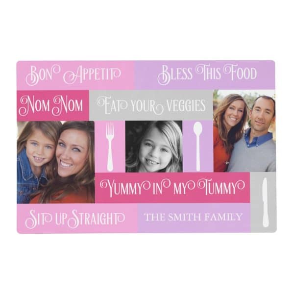 Personalized Placemat With Family Photos And Fun Food-Related Phrases.