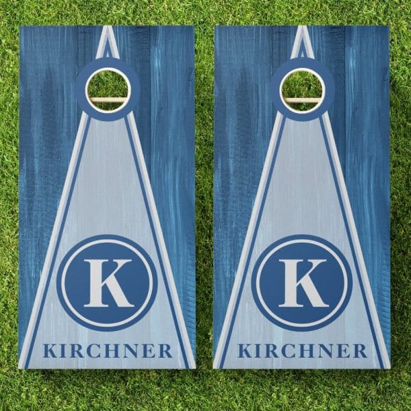 Pair Of Blue And Gray Cornhole Boards With The Initial K And The Last Name Kirchner.
