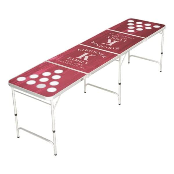Red And White Personalized Beer Pong Table With The Last Name Kirchner And Initial K.
