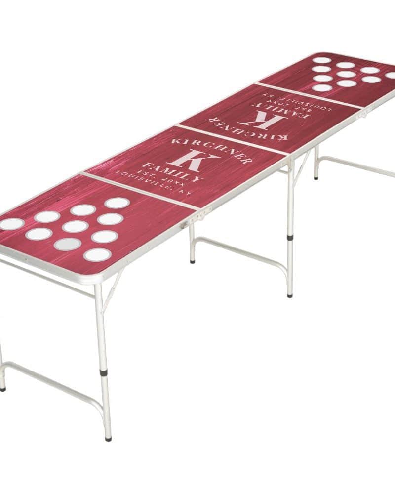 Red and white personalized beer pong table with the last name Kirchner and initial K.