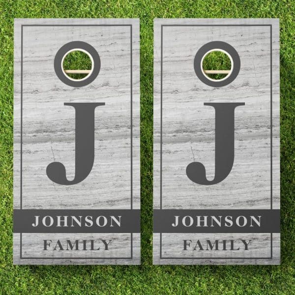 Pair Of Gray Wooden Cornhole Boards, Each Displaying A Large Letter J And The Text Johnson Family.