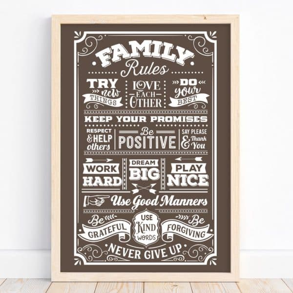 Brown Framed Poster With White Text Outlining Family Rules, Including Positive Actions And Behaviors.