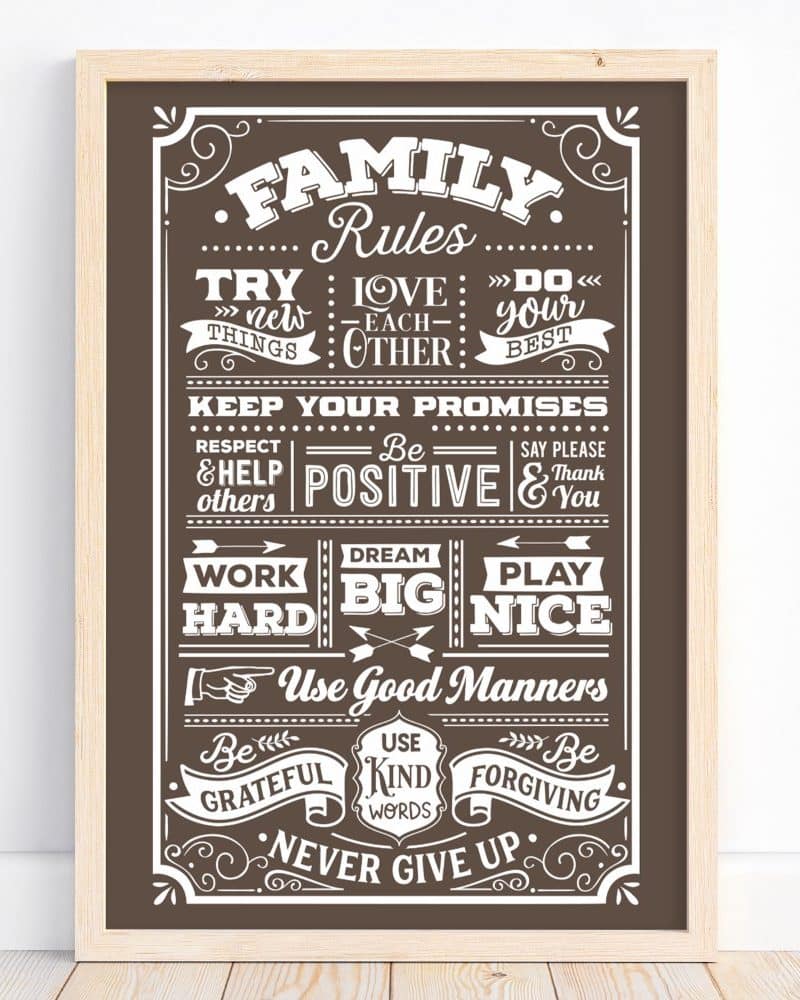 Brown framed poster with white text outlining family rules, including positive actions and behaviors.