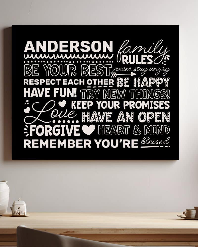 Black canvas with white text outlining the Anderson family rules: be your best, respect each other, be happy, have fun, try new things, keep your promises, love, have an open heart and mind, and remember you're blessed.