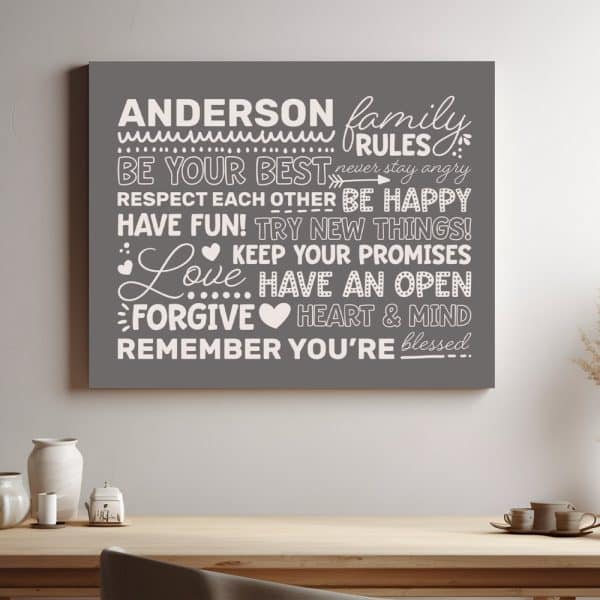 Gray Canvas Print With White Text Outlining The Anderson Family Rules: Be Your Best, Respect Each Other, Be Happy, Have Fun, Try New Things, Keep Your Promises, Love, Have An Open Heart And Mind, Forgive, And Remember You'Re Blessed.