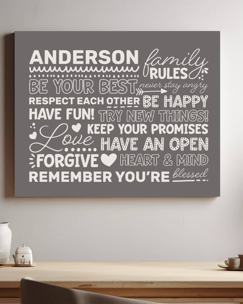 Gray canvas print with white text outlining the Anderson family rules: be your best, respect each other, be happy, have fun, try new things, keep your promises, love, have an open heart and mind, forgive, and remember you're blessed.