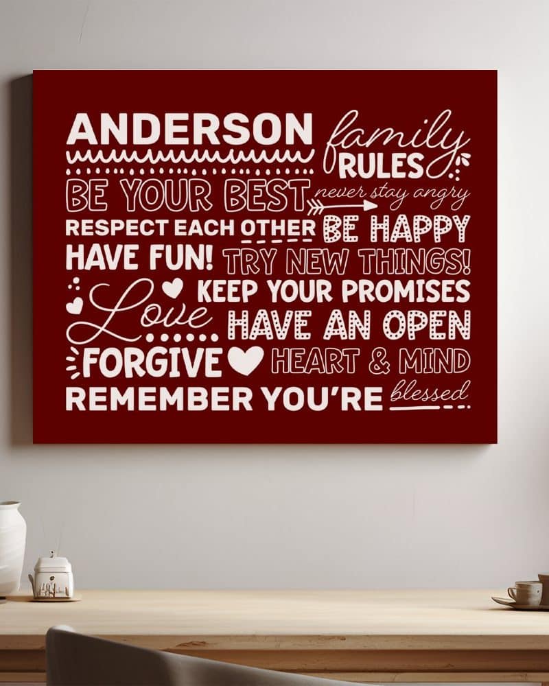 Dark red canvas with white text outlining the Anderson family rules: be your best, respect each other, be happy, have fun, try new things, keep your promises, love, have an open heart and mind, forgive, and remember you're blessed.