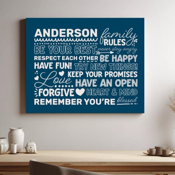 Dark Blue Canvas With White Text Displaying The Anderson Family Rules: Be Your Best, Respect Each Other, Be Happy, Have Fun, Try New Things, Keep Your Promises, Love, Have An Open Heart And Mind, And Remember You'Re Blessed.