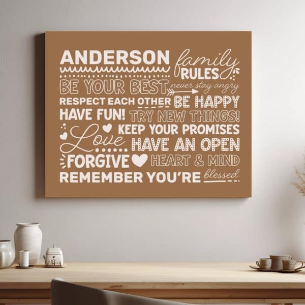 Brown Canvas With White Text Outlining The Anderson Family Rules: Be Your Best, Respect Each Other, Be Happy, Have Fun, Try New Things, Keep Your Promises, Love, Have An Open Heart And Mind, And Remember You'Re Blessed.