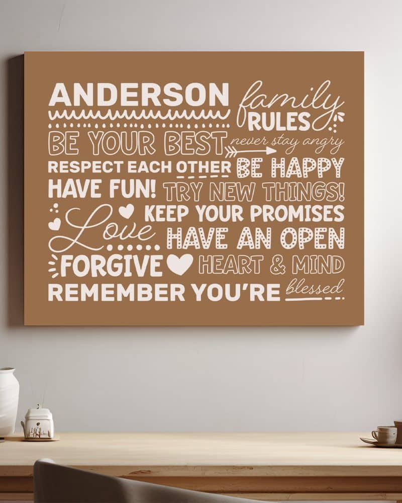 Brown canvas with white text outlining the Anderson family rules: be your best, respect each other, be happy, have fun, try new things, keep your promises, love, have an open heart and mind, and remember you're blessed.