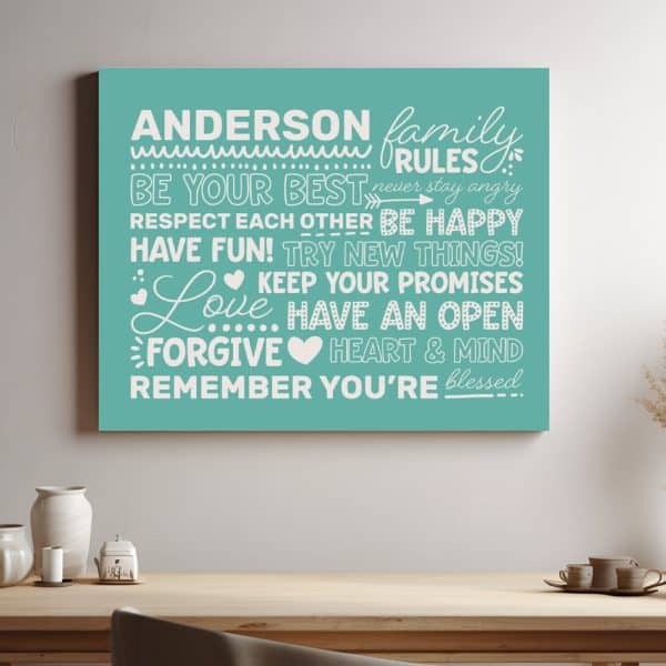 Teal Canvas Print With The Anderson Family Rules: Be Your Best, Respect Each Other, Be Happy, Have Fun, Try New Things, Keep Your Promises, Love, Have An Open Heart And Mind, Forgive, And Remember You'Re Blessed.