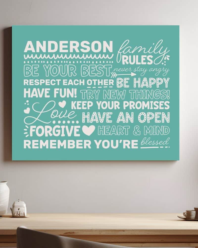 Teal canvas print with the Anderson family rules: Be your best, respect each other, be happy, have fun, try new things, keep your promises, love, have an open heart and mind, forgive, and remember you're blessed.