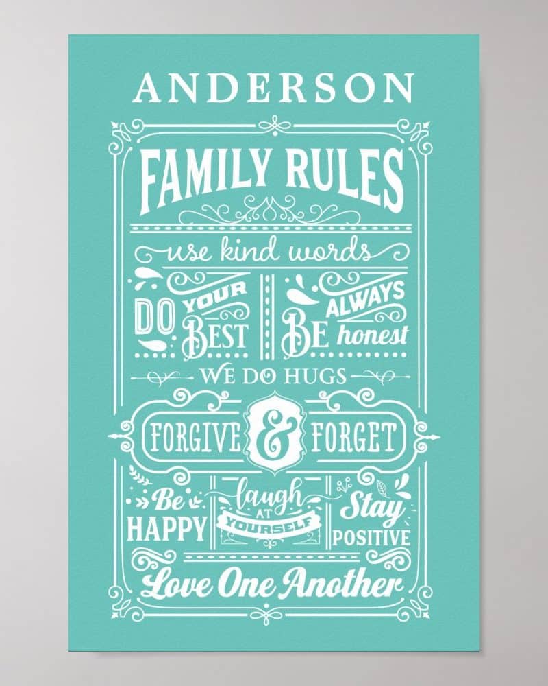 Teal poster with white text outlining the Anderson family rules: use kind words, do your best, always be honest, we do hugs, forgive and forget, be happy, laugh at yourself, stay positive, and love one another.