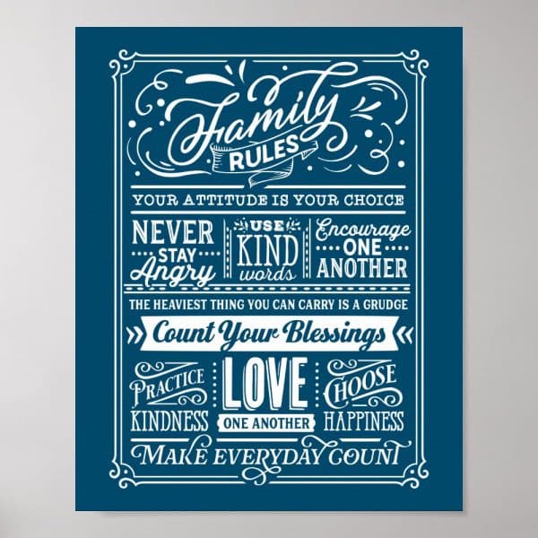 Teal Poster With White Text Outlining Family Rules: Stay Positive, Use Kind Words, Encourage One Another, Count Blessings, Practice Kindness, Choose Happiness, And Make Everyday Count.