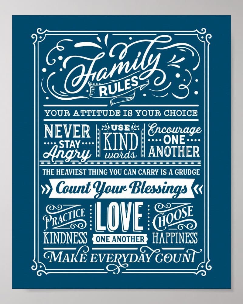 Teal poster with white text outlining family rules: stay positive, use kind words, encourage one another, count blessings, practice kindness, choose happiness, and make everyday count.