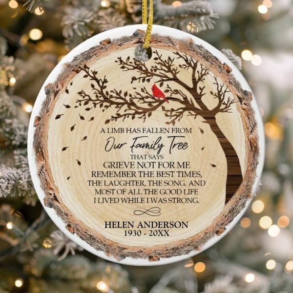 Round Wooden-Style Christmas Ornament Featuring A Tree With A Cardinal, Commemorating Helen Anderson.