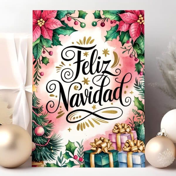 Christmas Card Featuring The Words Feliz Navidad In Elegant Lettering, Surrounded By Poinsettias, Holly, And Gift Boxes.