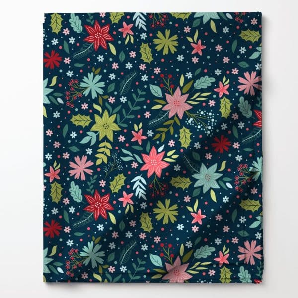 Dark Blue Fabric With A Repeating Pattern Of Colorful Flowers And Leaves.