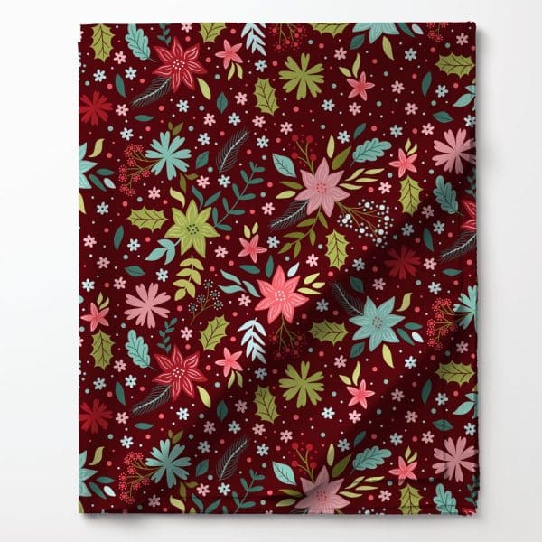 Red Fabric With A Repeating Pattern Of Stylized Poinsettias And Other Flowers In Shades Of Pink, Green, And Teal.