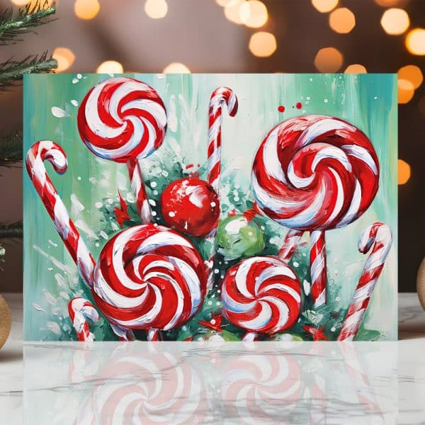 Painting Of Several Large Red And White Swirl Lollipops And Candy Canes Arranged Together.