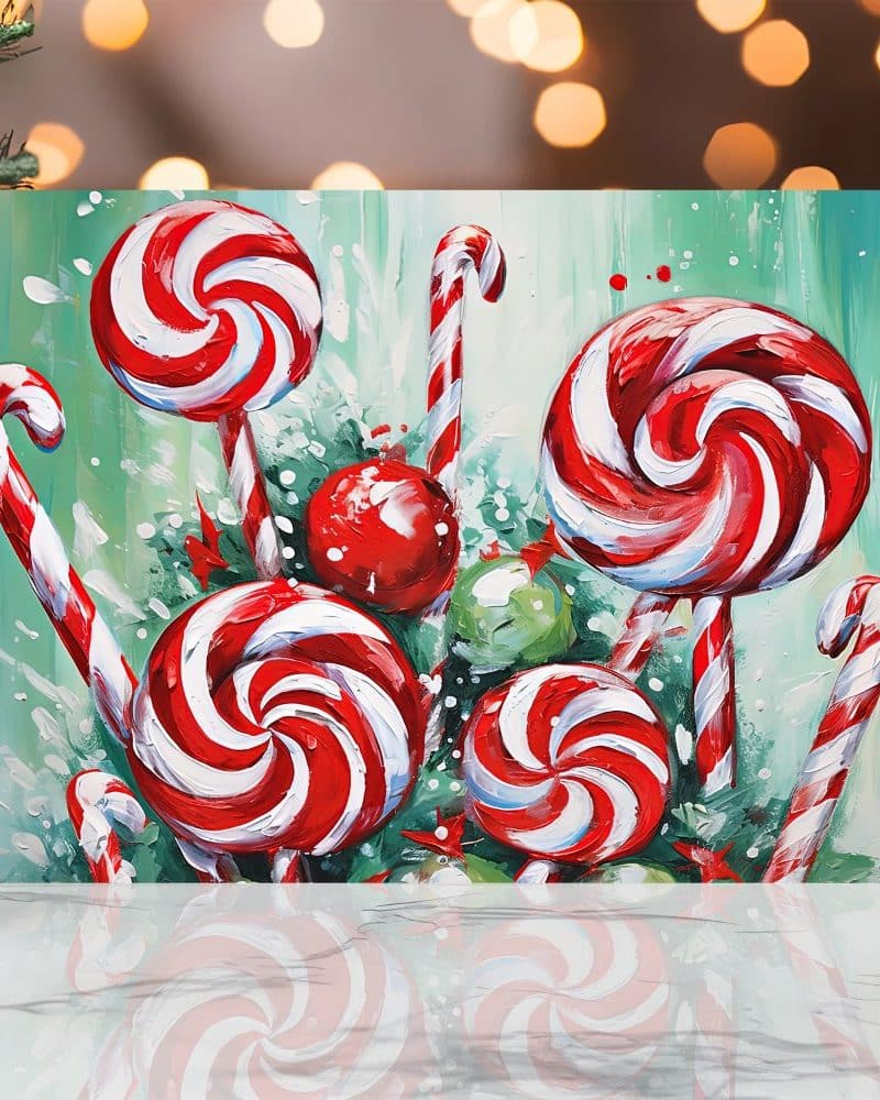 Painting of several large red and white swirl lollipops and candy canes arranged together.