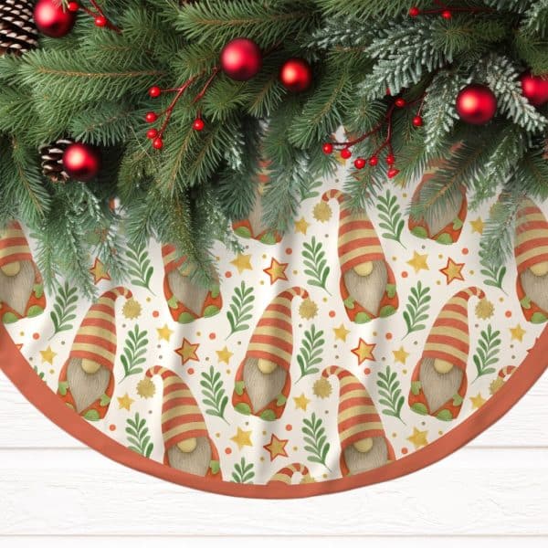 Christmas Tree Skirt With A Pattern Of Gnomes, Stars, And Greenery.