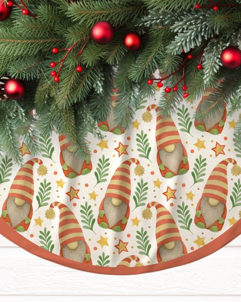 Christmas tree skirt with a pattern of gnomes, stars, and greenery.