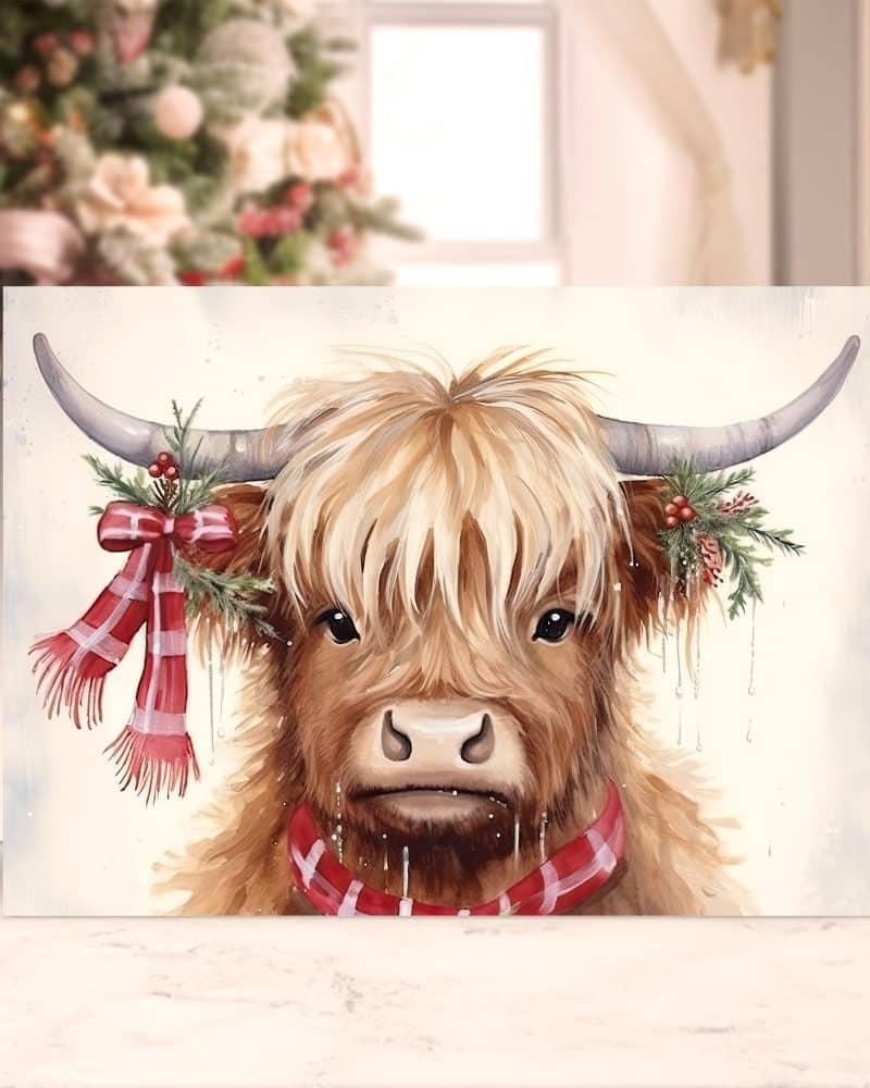 A Highland cow wearing a red plaid scarf and adorned with a festive bow and greenery.