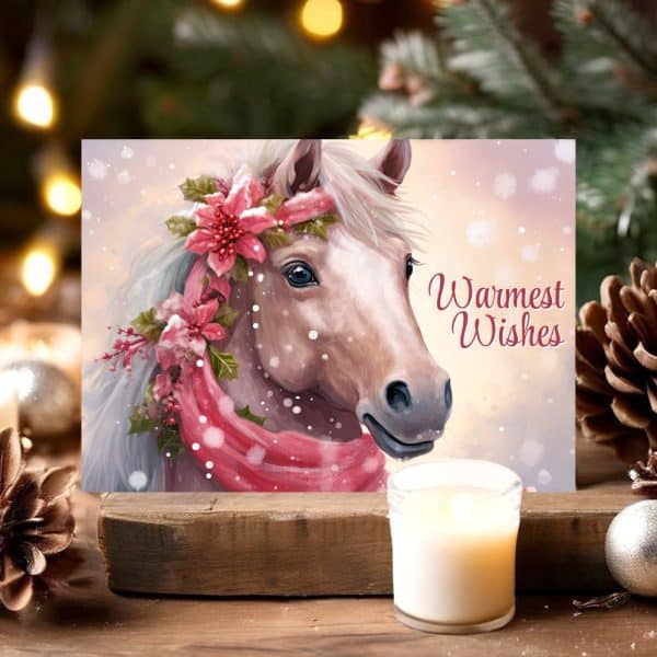 Christmas Card Featuring A Palomino Horse Wearing A Poinsettia And Scarf. Warmest Wishes Are Written On The Card.