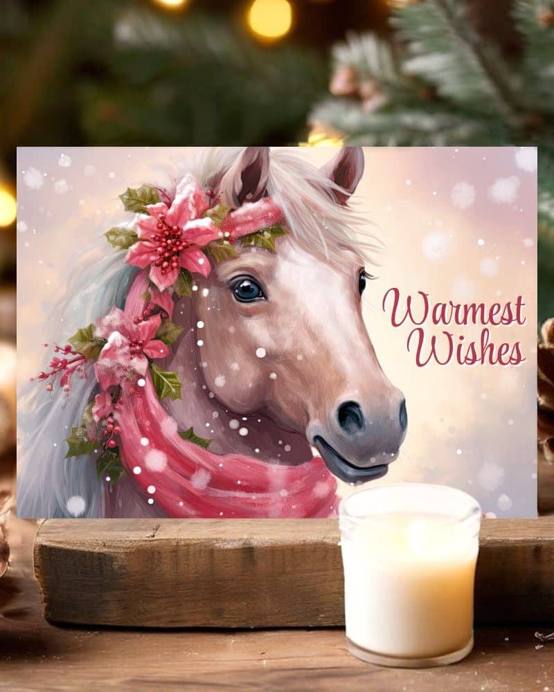 Christmas card featuring a palomino horse wearing a poinsettia and scarf. Warmest wishes are written on the card.