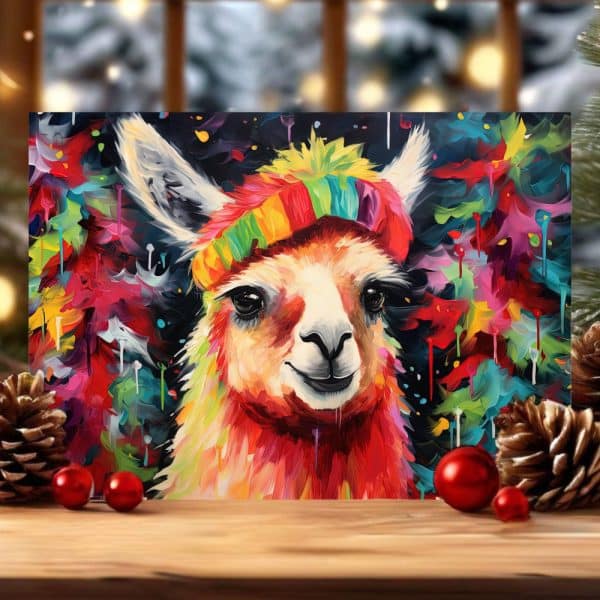 A Vibrant Painting Of A Llama Wearing A Colorful Knit Hat.