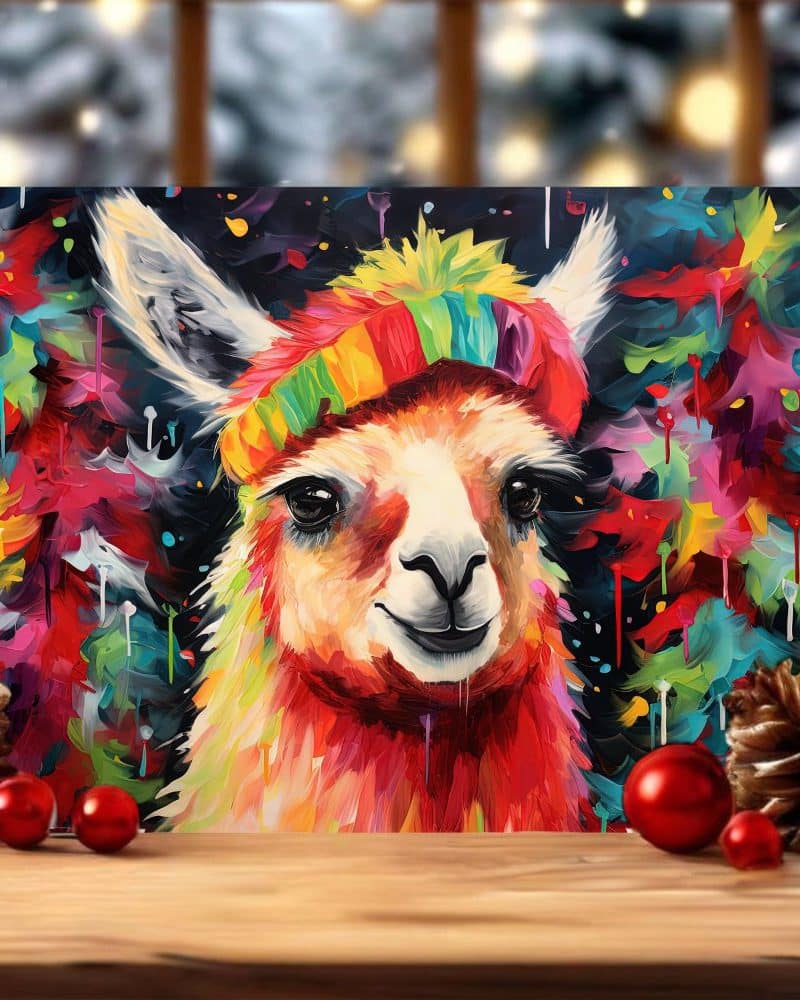 A vibrant painting of a llama wearing a colorful knit hat.