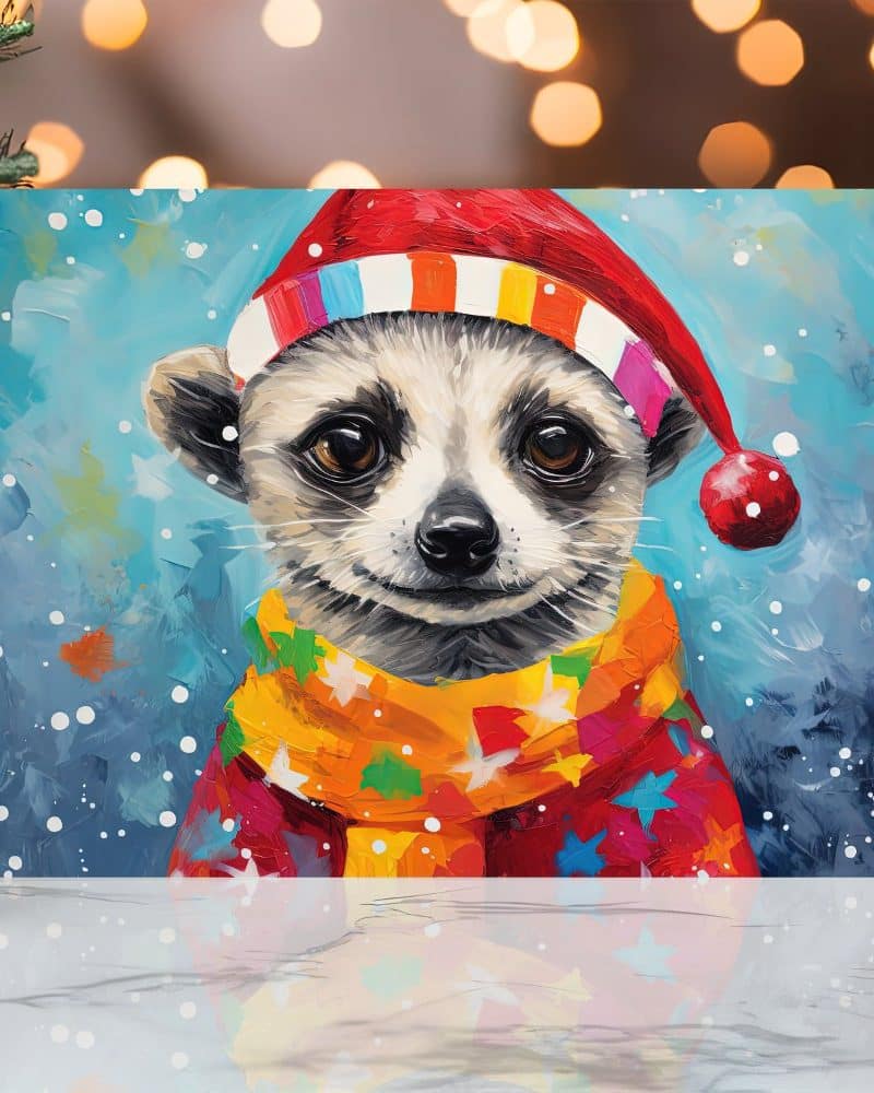 A cheerful meerkat wearing a colorful winter hat and scarf against a snowy blue background.