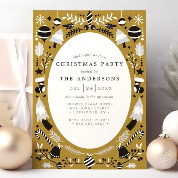 A Gold Christmas Party Invitation With Black And White Illustrations Of Ornaments, Candy Canes, And Trees. The Invitation Includes The Date, Time, Location, And Rsvp Information.
