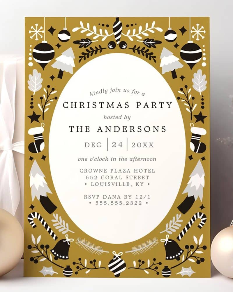 A gold Christmas party invitation with black and white illustrations of ornaments, candy canes, and trees. The invitation includes the date, time, location, and RSVP information.