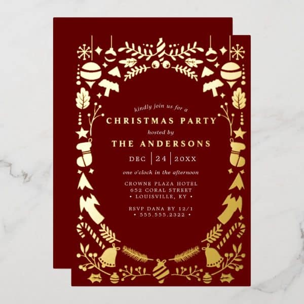 A Burgundy Christmas Party Invitation With Gold Illustrated Ornaments And Text.