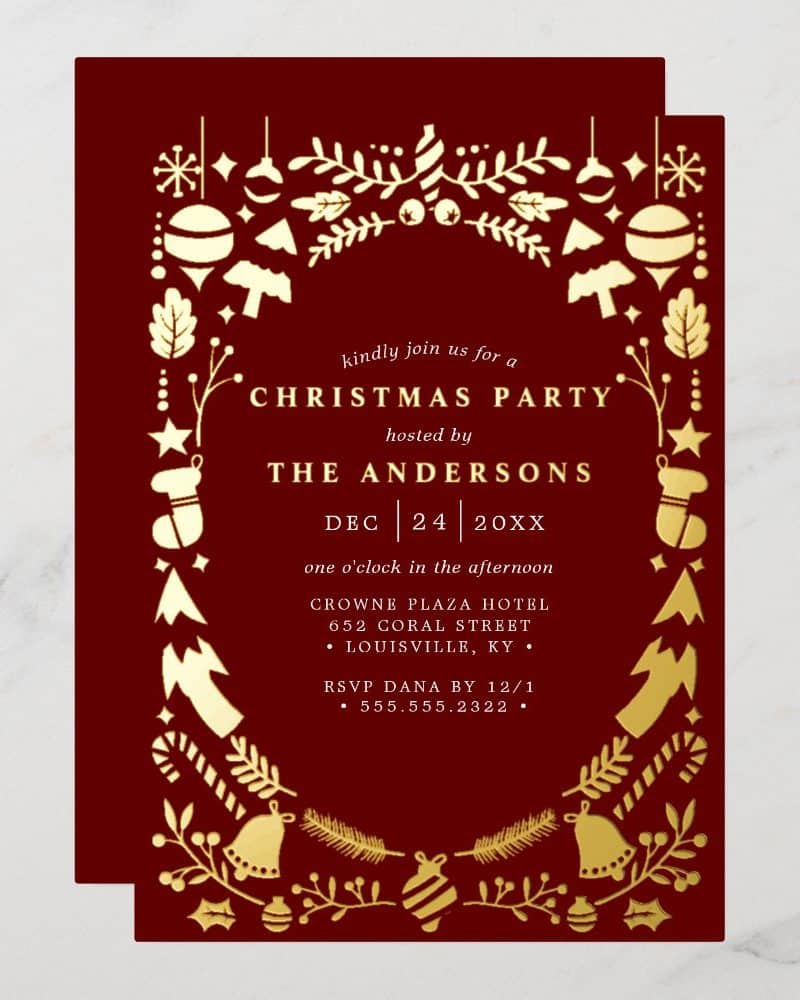 A burgundy Christmas party invitation with gold illustrated ornaments and text.