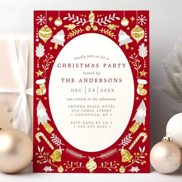 Red Christmas Party Invitation With Gold Glitter Ornaments And Other Festive Details, Announcing A Party Hosted By The Andersons On December 24Th.