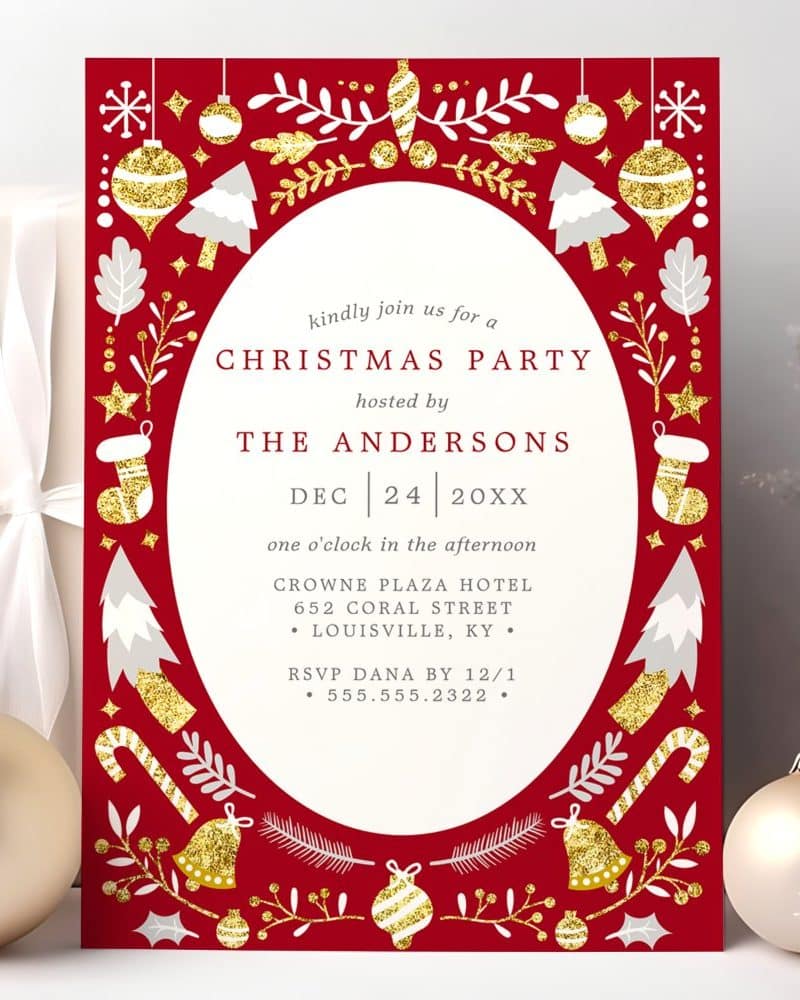 Red Christmas party invitation with gold glitter ornaments and other festive details, announcing a party hosted by the Andersons on December 24th.