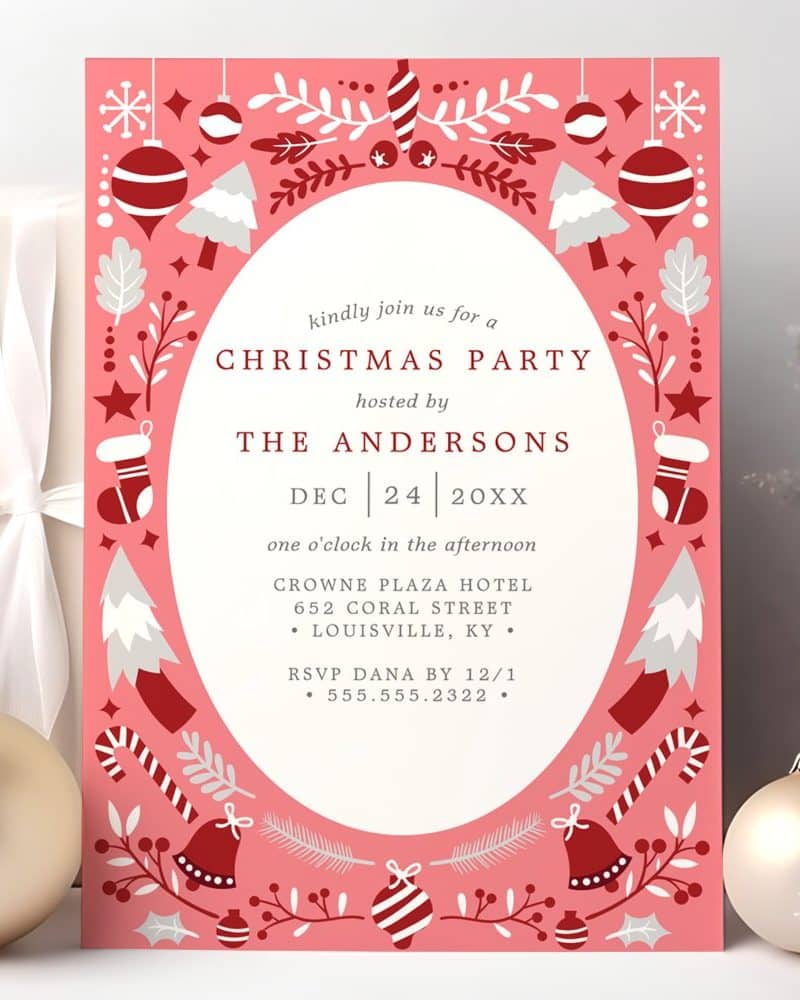 Pink Christmas party invitation with red and white illustrations of ornaments, candy canes, and trees.