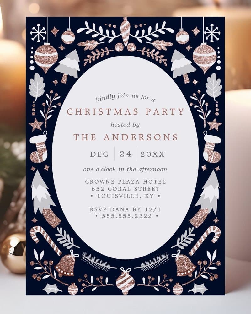A navy blue Christmas party invitation with rose gold and silver glitter ornaments, candy canes, and trees. The Andersons host the party on December 24th.