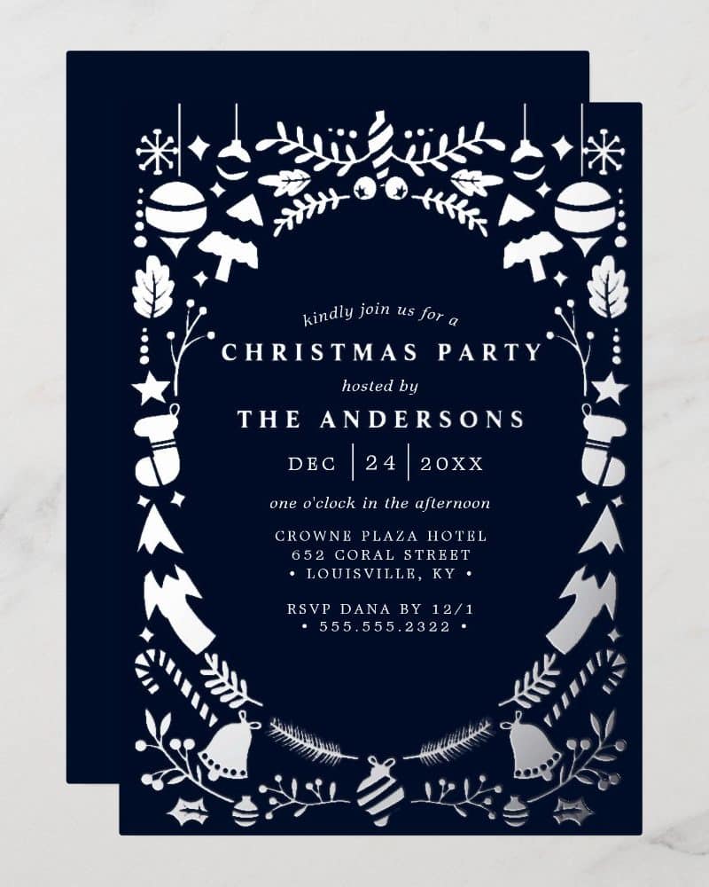 Navy blue Christmas party invitation with silver foil detailing of ornaments, greenery, and other festive imagery.