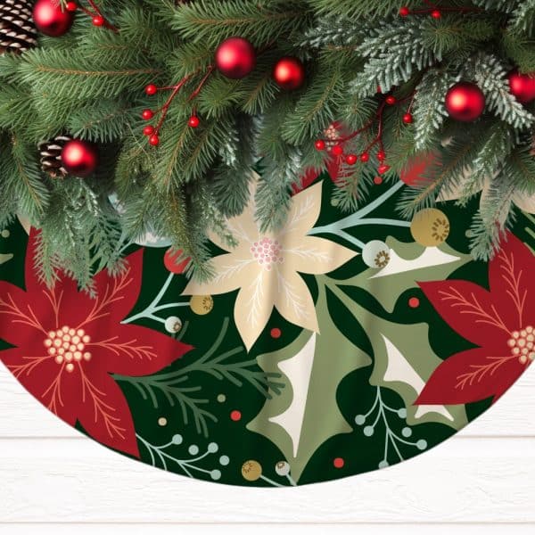Christmas Tree Skirt With A Dark Green Background Featuring A Repeating Pattern Of Red And Cream Poinsettias And Green Leaves.