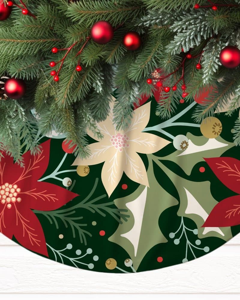 Christmas tree skirt with a dark green background featuring a repeating pattern of red and cream poinsettias and green leaves.